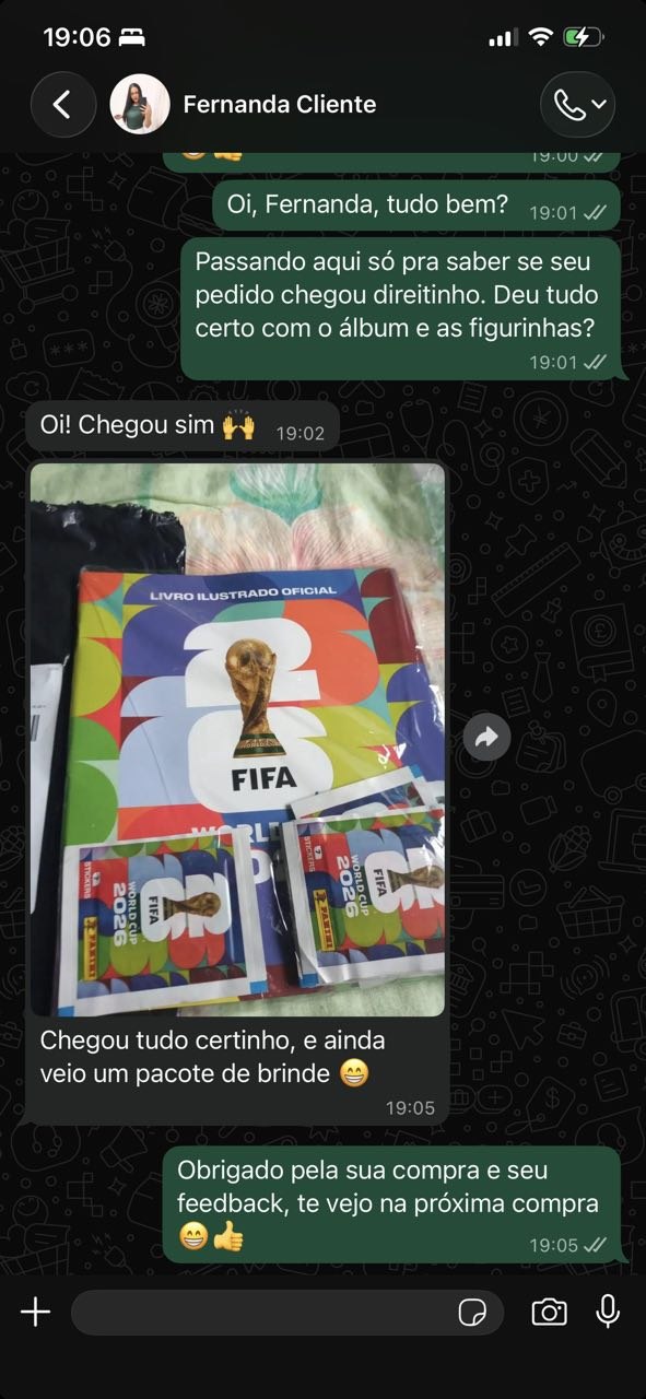 Print de WhatsApp da Fernanda mostrando álbum oficial e envelopes recebidos