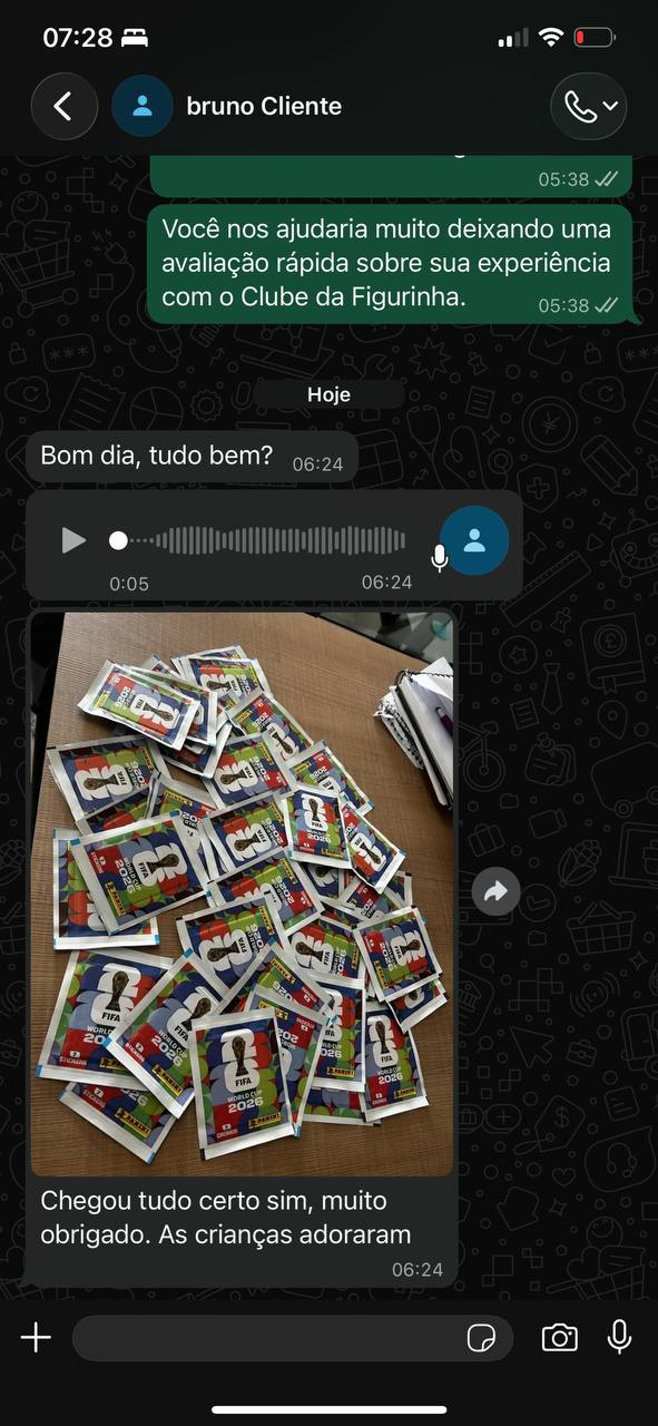 Print de WhatsApp do Bruno mostrando vários envelopes Panini espalhados na mesa